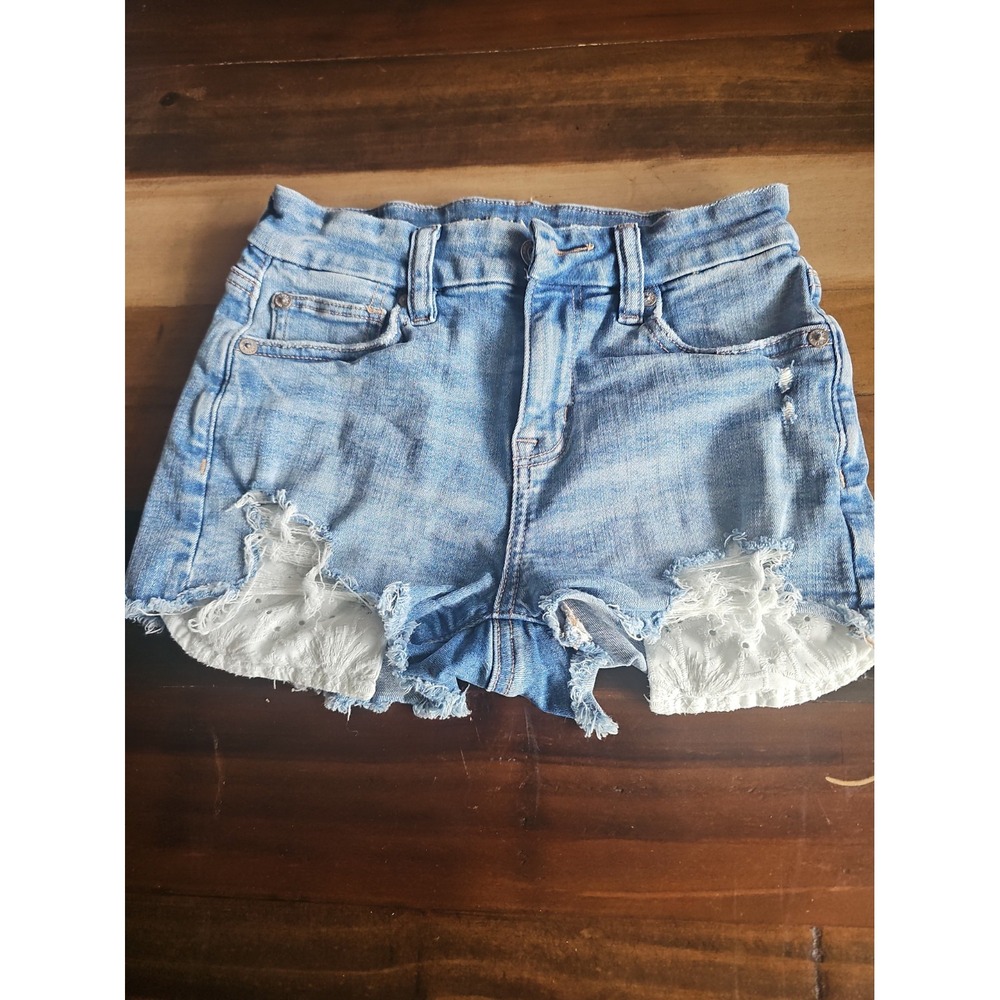 American Eagle Women Size 00 Denim Shorts Next Level Stretch Distressed Lace 045